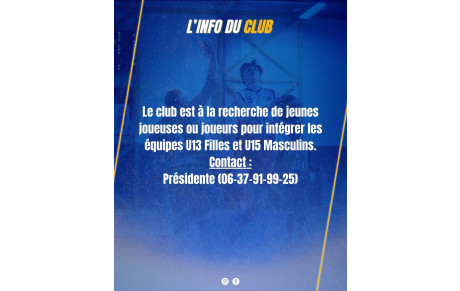 Rejoint le club U13 Féminine &amp; U15 Masculin